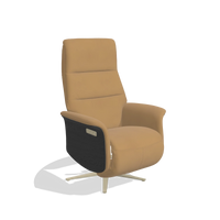 Recliner Atlas 6685 in Leather A823 (mustard), black wood side panels, champagne metal base, angled view