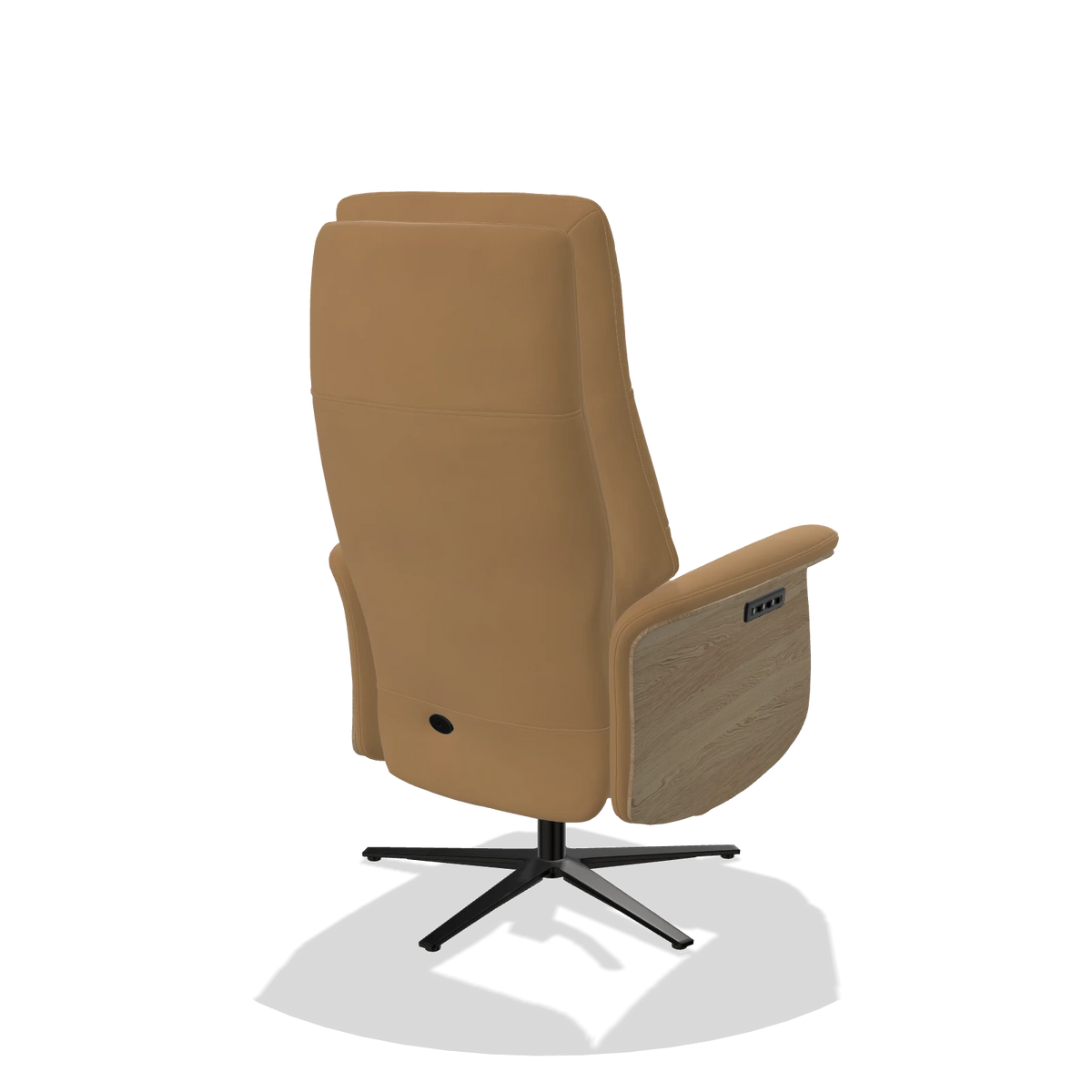 Recliner Atlas 6685 in Leather A823 (mustard), natural wood side panels, black metal base, back angled view