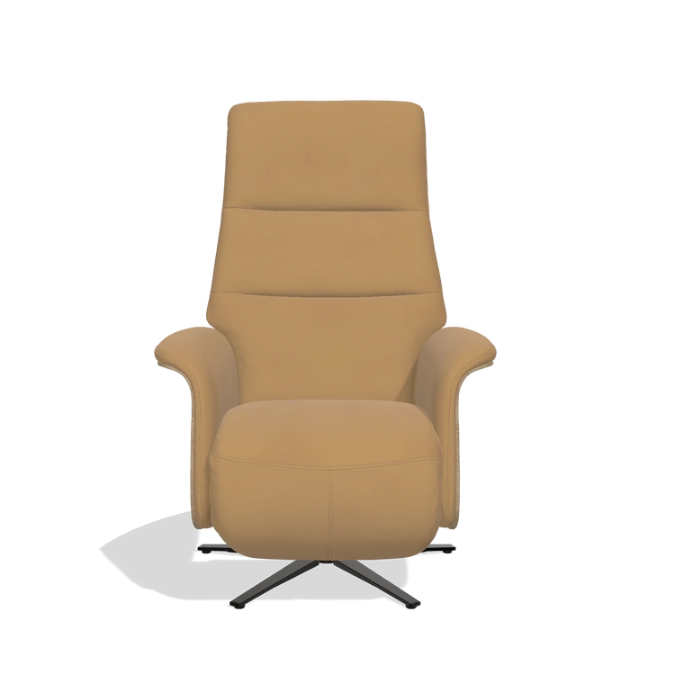 Recliner Atlas 6685 in Leather A823 (mustard), natural wood side panels, black metal base, front view