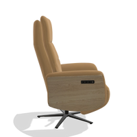 Recliner Atlas 6685 in Leather A823 (mustard), natural wood side panels, black metal base, side view
