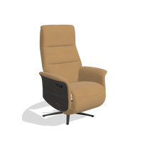 Recliner Atlas 6685 in Leather A823 (mustard), tobacco wood side panels, black metal base, angled view