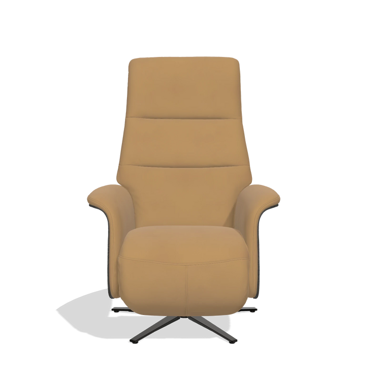 Recliner Atlas 6685 in Leather A823 (mustard), tobacco wood side panels, black metal base, front view