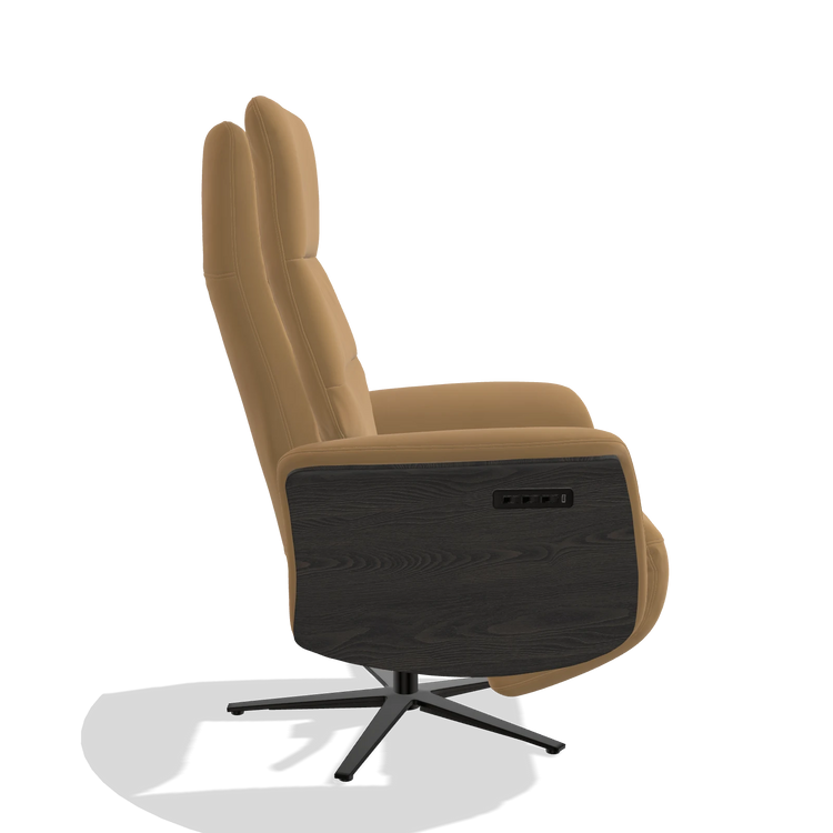 Recliner Atlas 6685 in Leather A823 (mustard), tobacco wood side panels, black metal base, side view