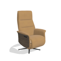 Recliner Atlas 6685 in Leather A823 (mustard), walnut wood side panels, black metal base, angled view