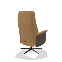 Recliner Atlas 6685 in Leather A823 (mustard), walnut wood side panels, black metal base, back angled view