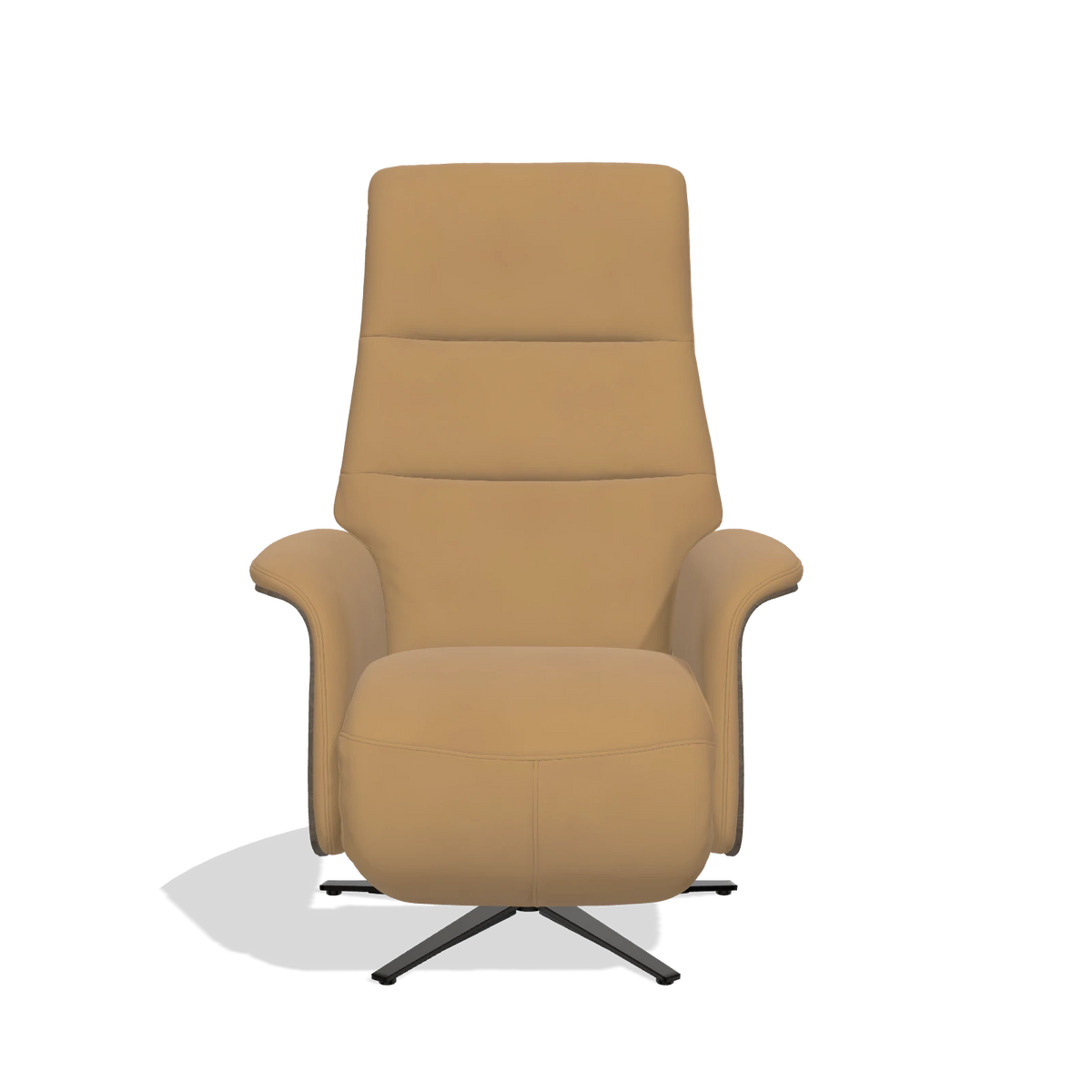 Recliner Atlas 6685 in Leather A823 (mustard), walnut wood side panels, black metal base, front view