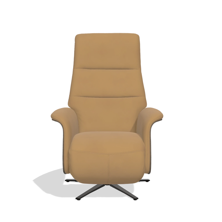 Recliner Atlas 6685 in Leather A823 (mustard), walnut wood side panels, black metal base, front view