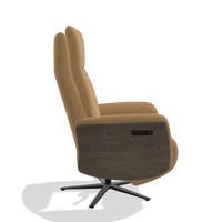Recliner Atlas 6685 in Leather A823 (mustard), walnut wood side panels, black metal base, side view