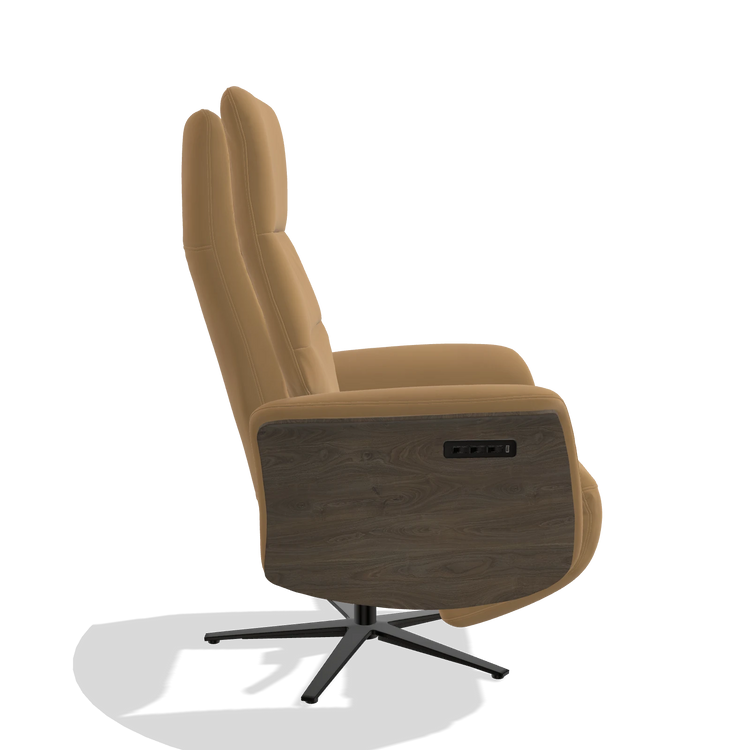 Recliner Atlas 6685 in Leather A823 (mustard), walnut wood side panels, black metal base, side view