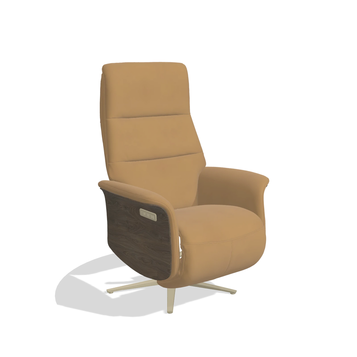 Recliner Atlas 6685 in Leather A823 (mustard), walnut wood side panels, champagne metal base, angled view