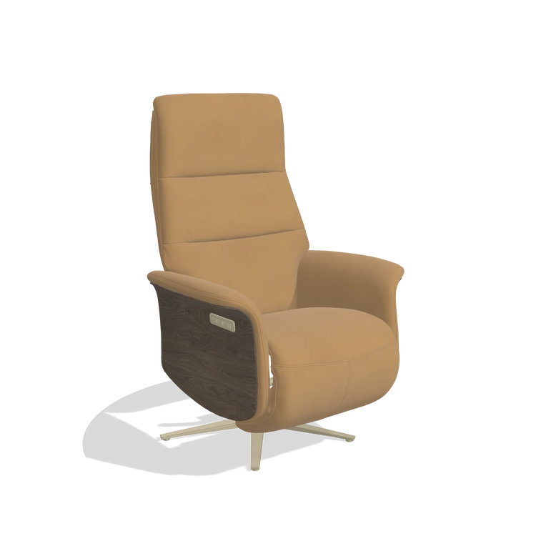 Recliner Atlas 6685 in Leather A823 (mustard), walnut wood side panels, champagne metal base, angled view