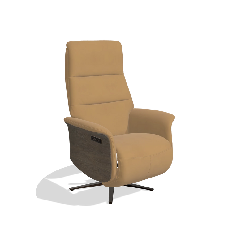 Recliner Atlas 6685 in Leather A823 (mustard), walnut wood side panels, espresso metal base, angled view