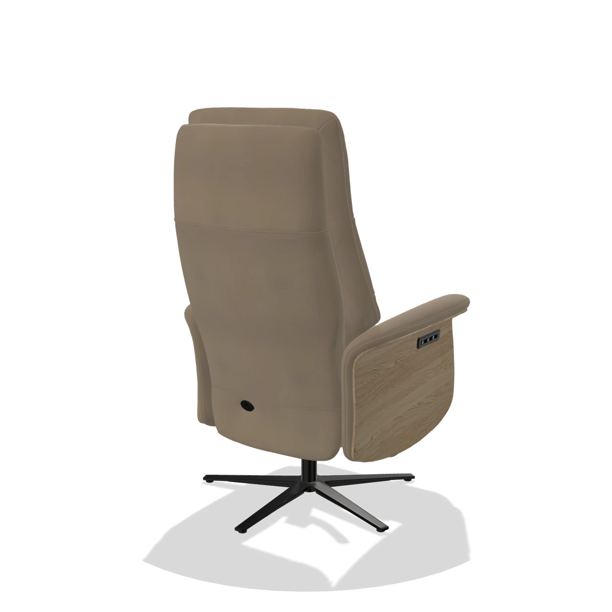 Recliner Atlas 6685 in Leather A824 (sage), natural wood side panels, black metal base, back angled view