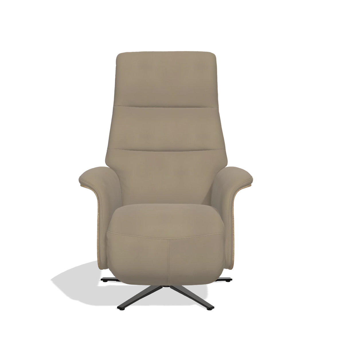 Recliner Atlas 6685 in Leather A824 (sage), natural wood side panels, black metal base, front view