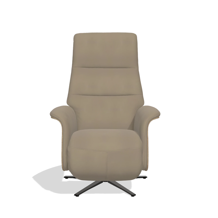 Recliner Atlas 6685 in Leather A824 (sage), natural wood side panels, black metal base, front view