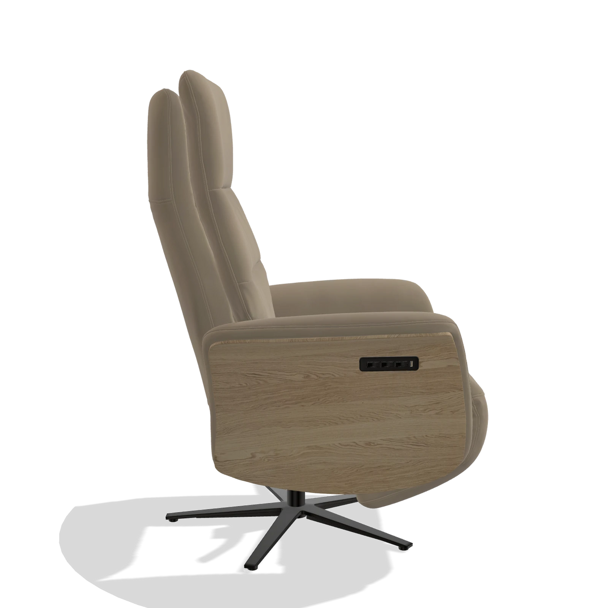 Recliner Atlas 6685 in Leather A824 (sage), natural wood side panels, black metal base, side view