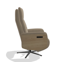 Recliner Atlas 6685 in Leather A824 (sage), natural wood side panels, black metal base, side view