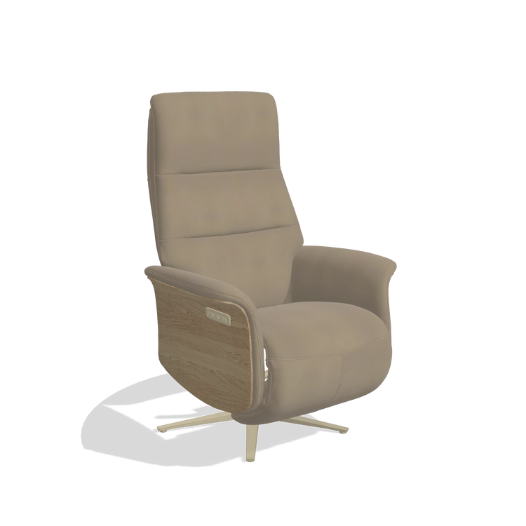 Recliner Atlas 6685 in Leather A824 (sage), natural wood side panels, champagne metal base, angled view