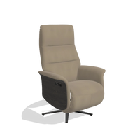 Recliner Atlas 6685 in Leather A824 (sage), tobacco wood side panels, black metal base, angled view