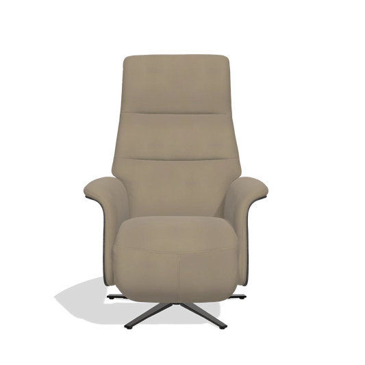Sillón reclinable Atlas 6685 en Piel A824 (verde salvia), paneles laterales de madera en tabaco, base metálica en negro, vista frontal