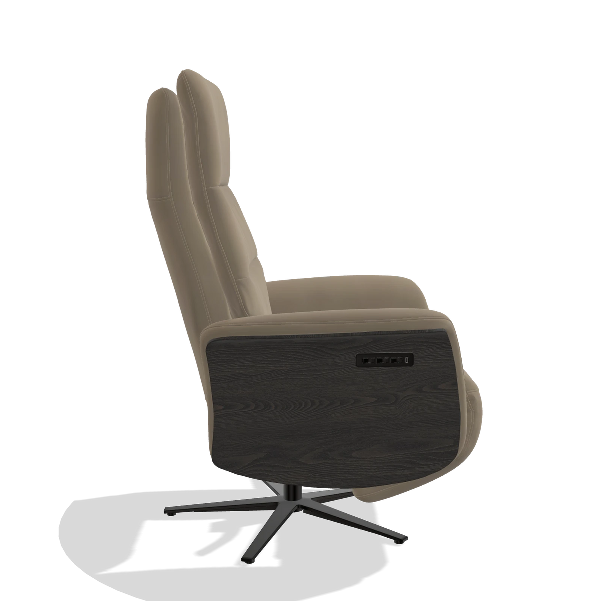 Recliner Atlas 6685 in Leather A824 (sage), tobacco wood side panels, black metal base, side view