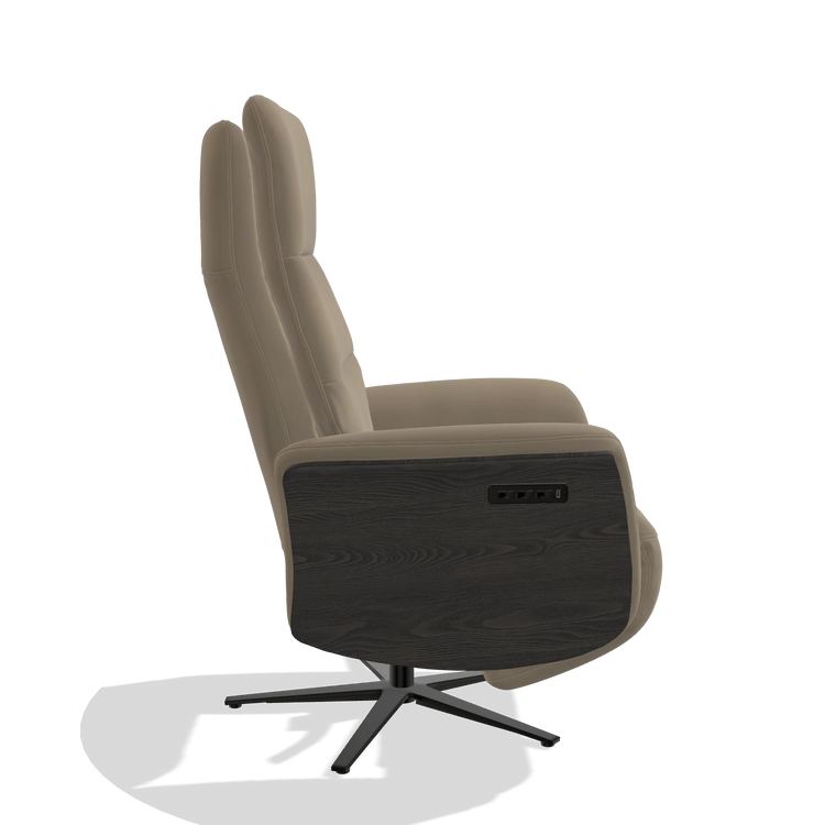Recliner Atlas 6685 in Leather A824 (sage), tobacco wood side panels, black metal base, side view