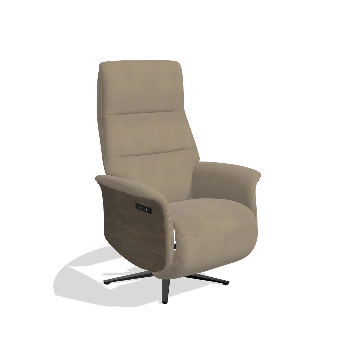Recliner Atlas 6685 in Leather A824 (sage), walnut wood side panels, black metal base, angled view