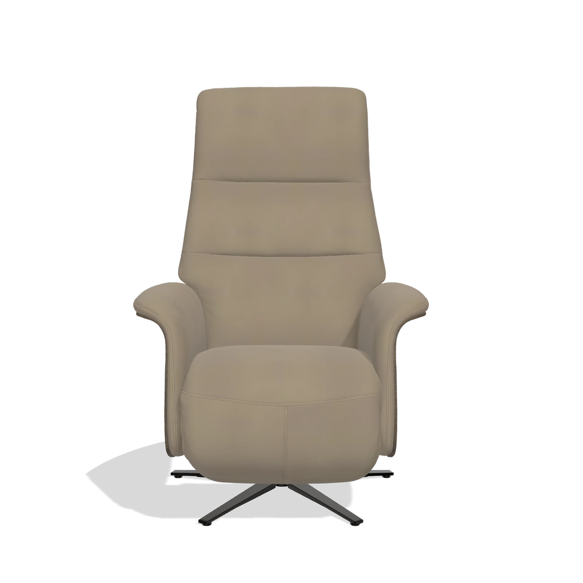 Recliner Atlas 6685 in Leather A824 (sage), walnut wood side panels, black metal base, front view