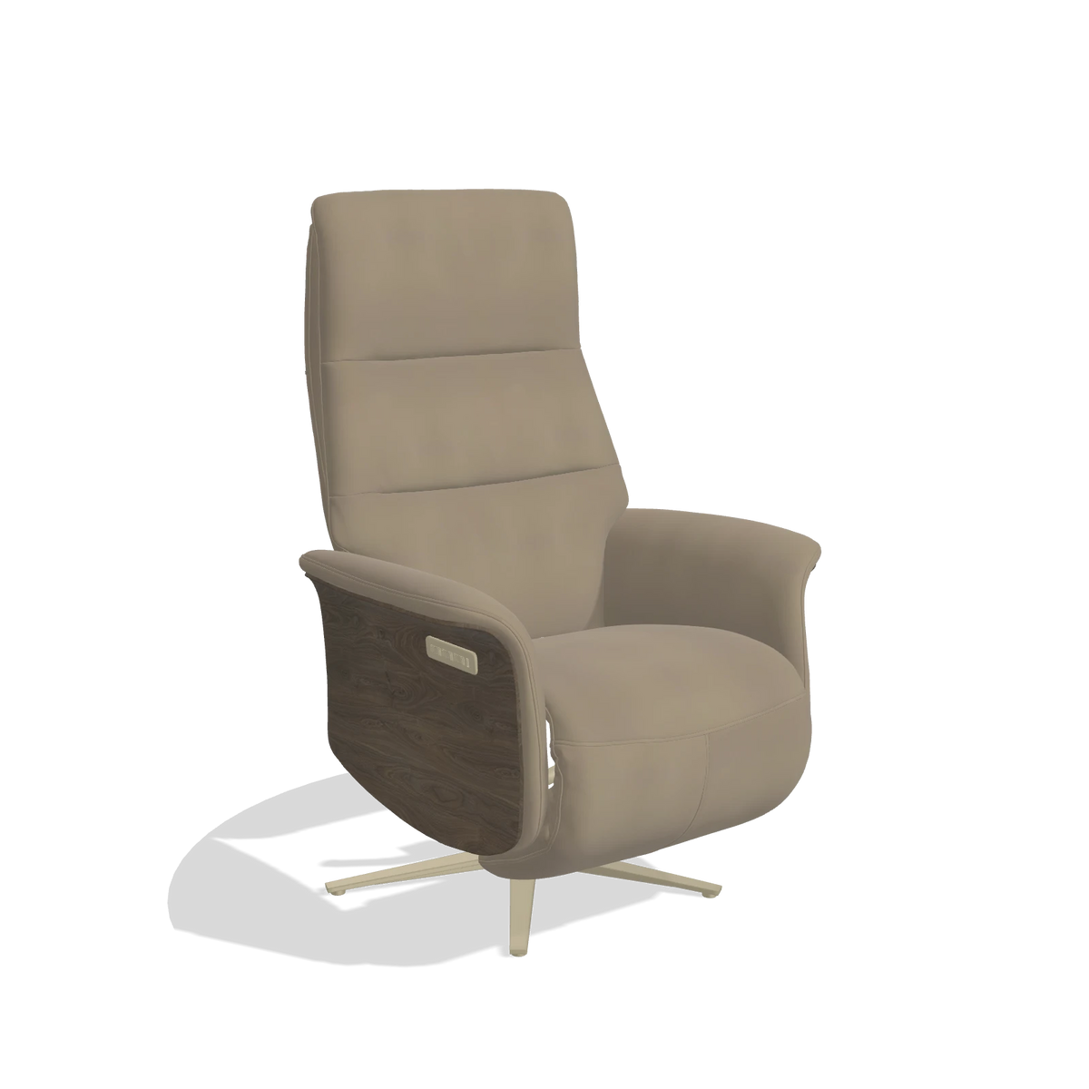 Recliner Atlas 6685 in Leather A824 (sage), walnut wood side panels, champagne metal base, angled view