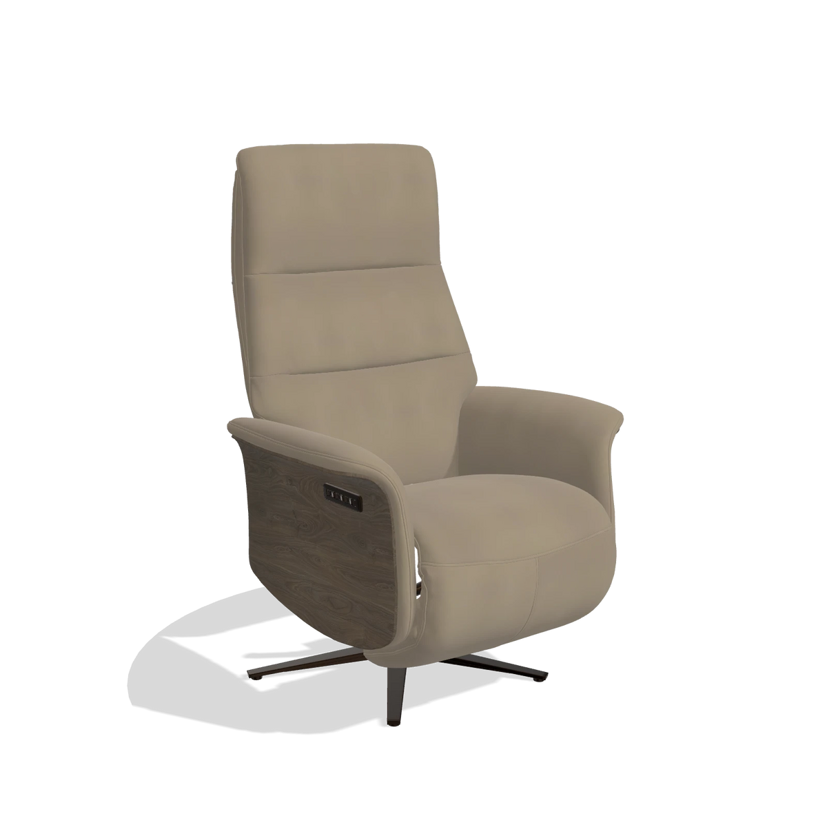 Recliner Atlas 6685 in Leather A824 (sage), walnut wood side panels, espresso metal base, angled view