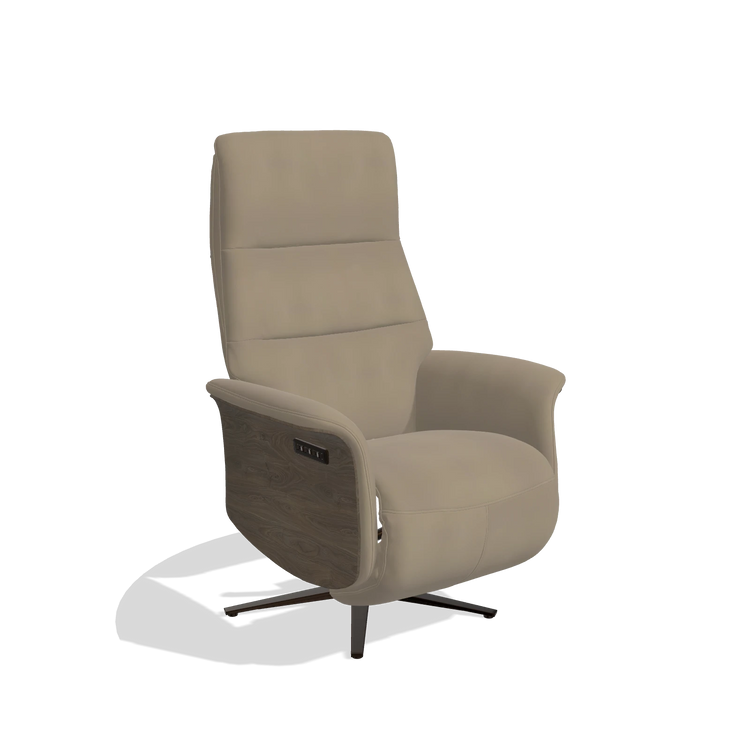 Recliner Atlas 6685 in Leather A824 (sage), walnut wood side panels, espresso metal base, angled view