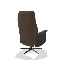 Recliner Atlas 6685 in Leather A825 (brown), black wood side panels, black metal base, back angled view