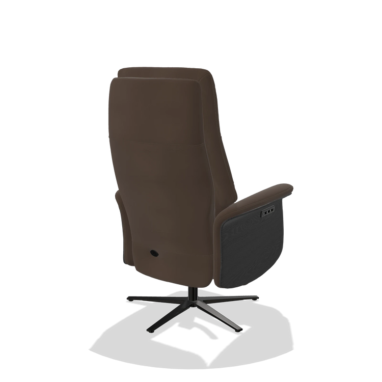 Recliner Atlas 6685 in Leather A825 (brown), black wood side panels, black metal base, back angled view