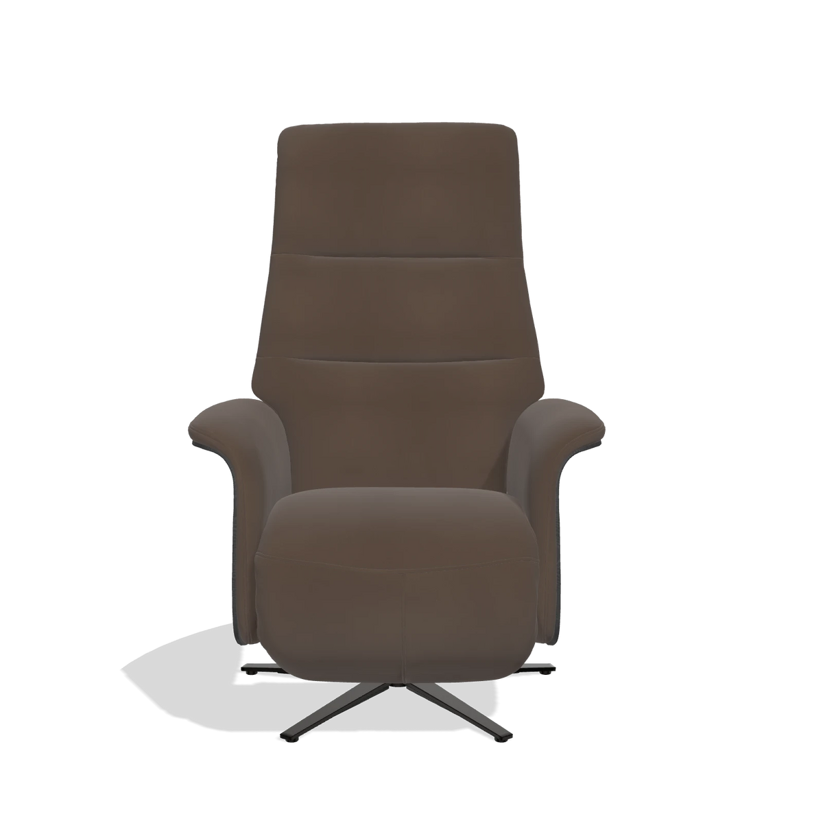 Recliner Atlas 6685 in Leather A825 (brown), black wood side panels, black metal base, front view