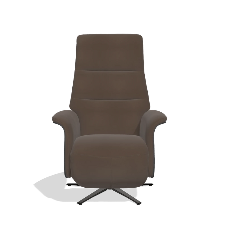 Recliner Atlas 6685 in Leather A825 (brown), black wood side panels, black metal base, front view