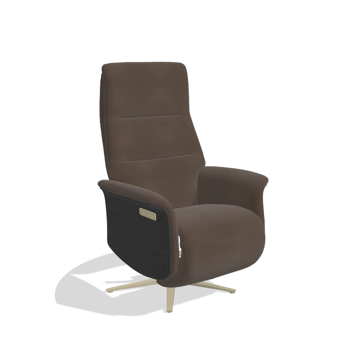 Recliner Atlas 6685 in Leather A825 (brown), black wood side panels, champagne metal base, angled view