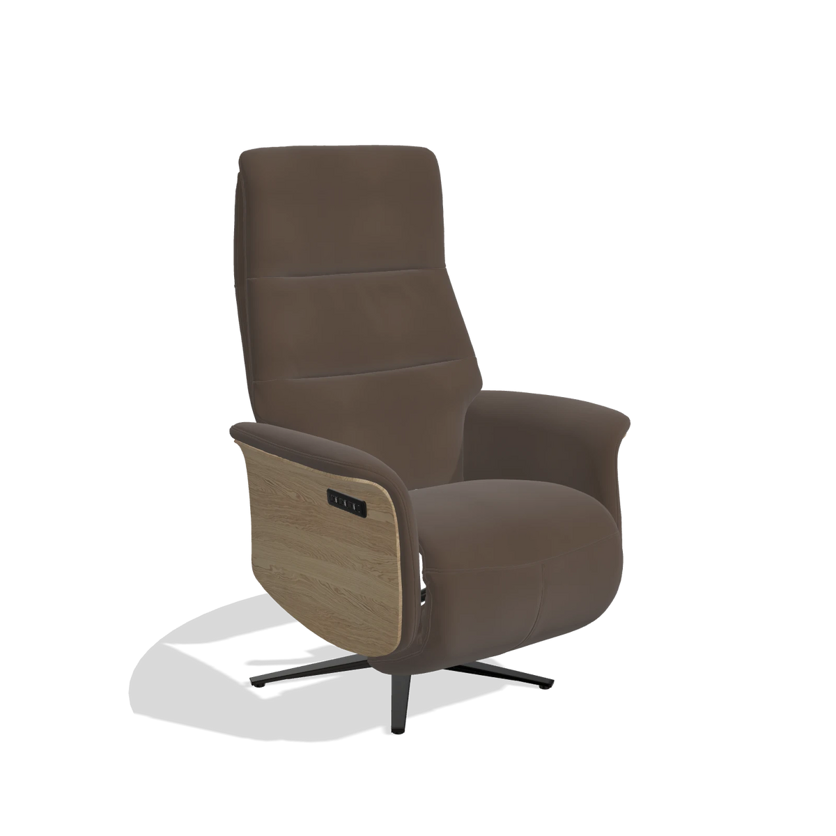 Recliner Atlas 6685 in Leather A825 (brown), natural wood side panels, black metal base, angled view