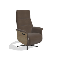 Recliner Atlas 6685 in Leather A825 (brown), natural wood side panels, black metal base, angled view