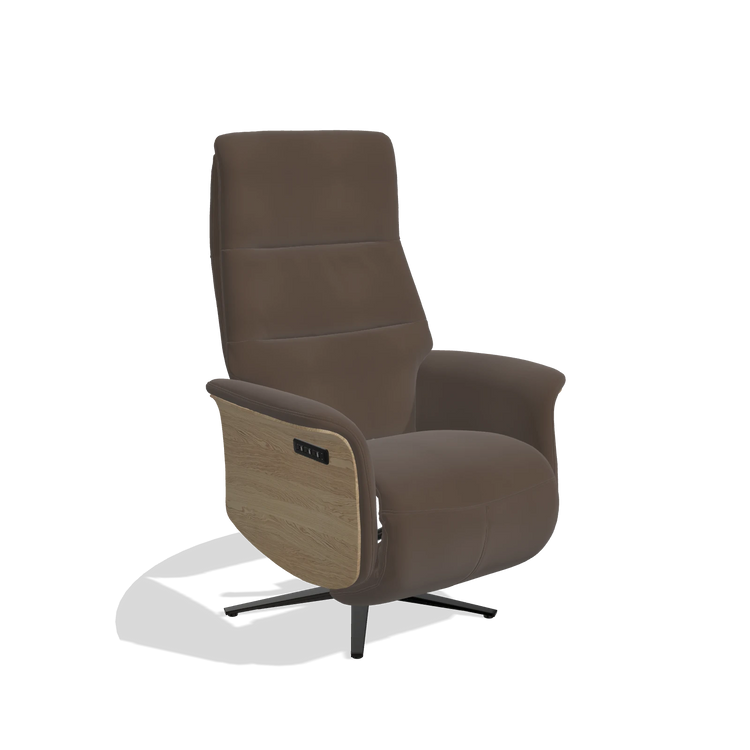 Recliner Atlas 6685 in Leather A825 (brown), natural wood side panels, black metal base, angled view