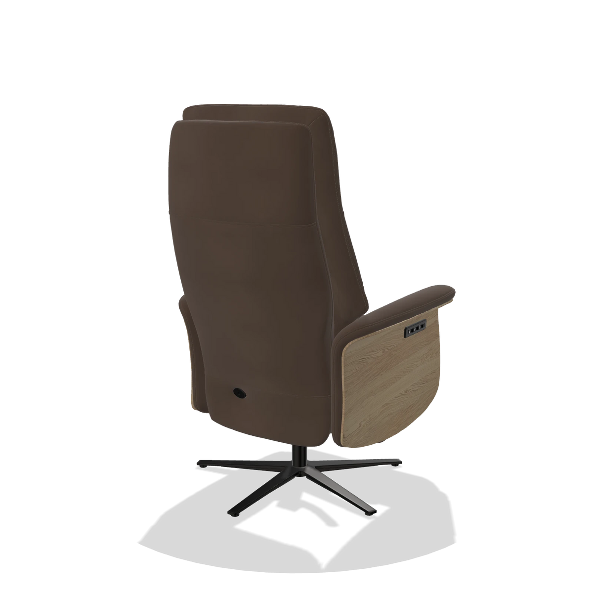Recliner Atlas 6685 in Leather A825 (brown), natural wood side panels, black metal base, back angled view