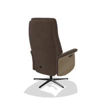 Recliner Atlas 6685 in Leather A825 (brown), natural wood side panels, black metal base, back angled view