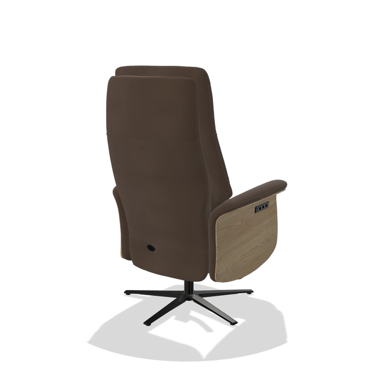 Recliner Atlas 6685 in Leather A825 (brown), natural wood side panels, black metal base, back angled view