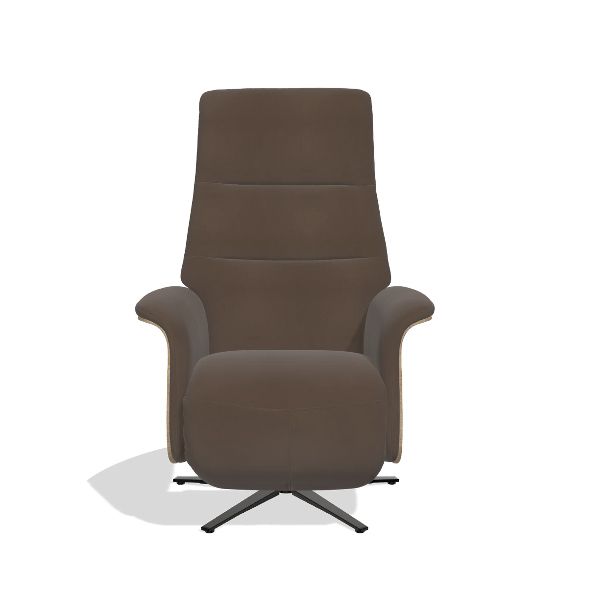 Recliner Atlas 6685 in Leather A825 (brown), natural wood side panels, black metal base, front view