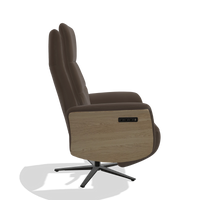 Recliner Atlas 6685 in Leather A825 (brown), natural wood side panels, black metal base, side view