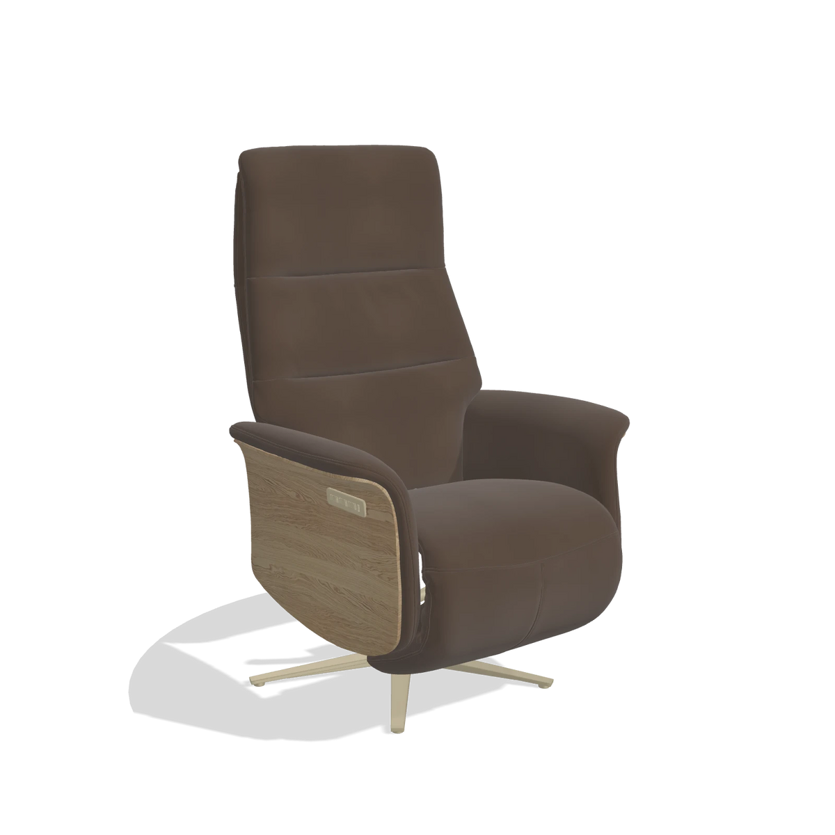 Recliner Atlas 6685 in Leather A825 (brown), natural wood side panels, champagne metal base, angled view