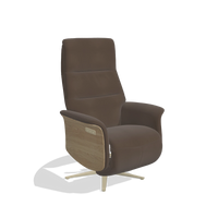 Recliner Atlas 6685 in Leather A825 (brown), natural wood side panels, champagne metal base, angled view