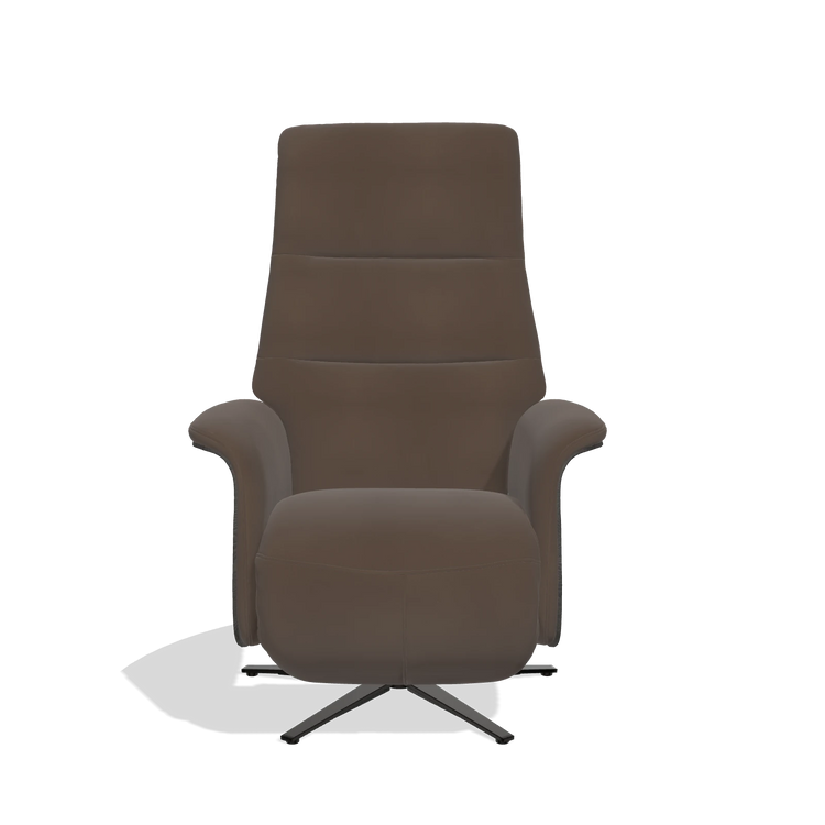 Recliner Atlas 6685 in Leather A825 (brown), tobacco wood side panels, black metal base, front view
