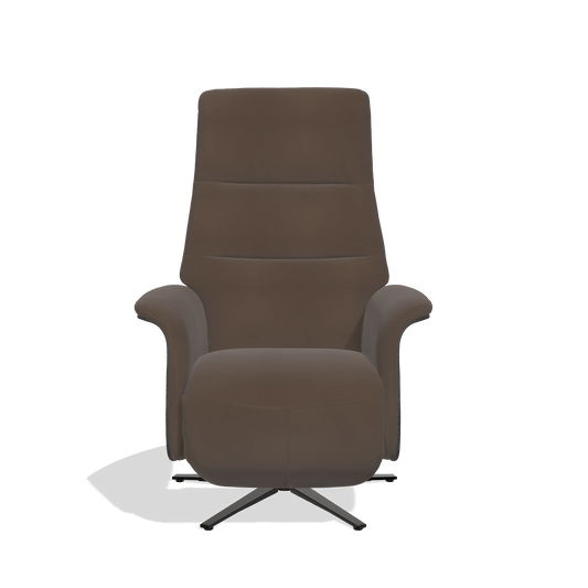 Sillón reclinable Atlas 6685 en Piel A825 (marrón), paneles laterales de madera en tabaco, base metálica en negro, vista frontal