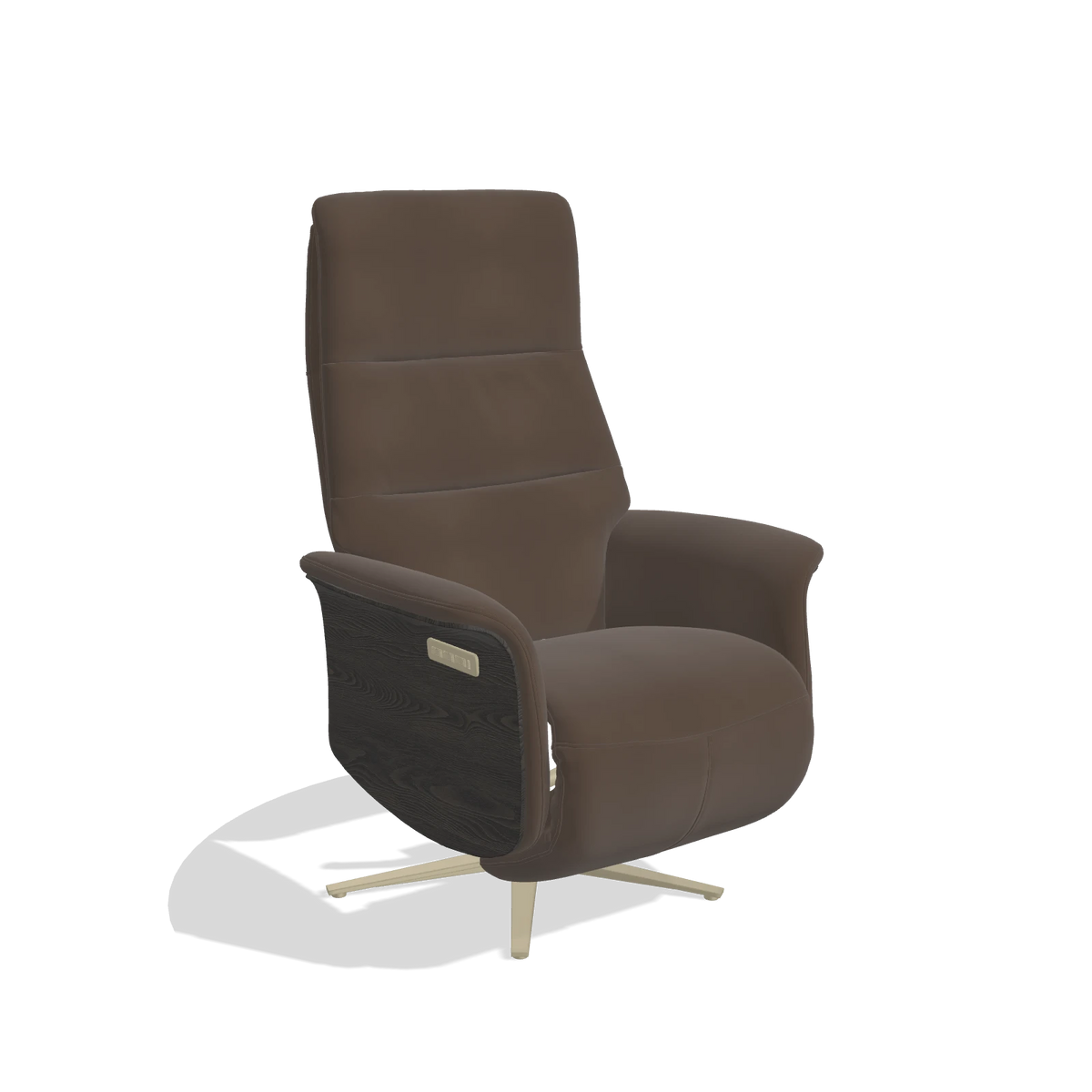 Recliner Atlas 6685 in Leather A825 (brown), tobacco wood side panels, champagne metal base, angled view