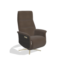 Recliner Atlas 6685 in Leather A825 (brown), tobacco wood side panels, champagne metal base, angled view